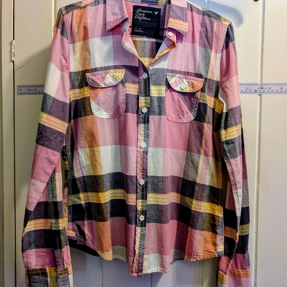 Upcycle American Eagle Outfitters Pink & Yellow Plaid Shirt Medium 17 Pit to Pit - Picture 4 of 5